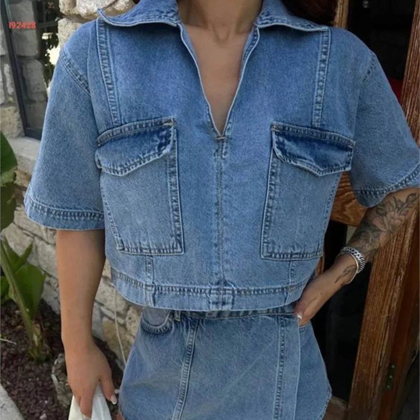 Women's 2 Piece Denim Outfit - Cropped Top & High Waist Shorts - Buy Center UK