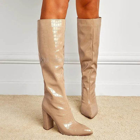 2023 Chunky Over-the-Knee Boots - Lychee Pattern, Pointed Toe Style - Buy Center UK