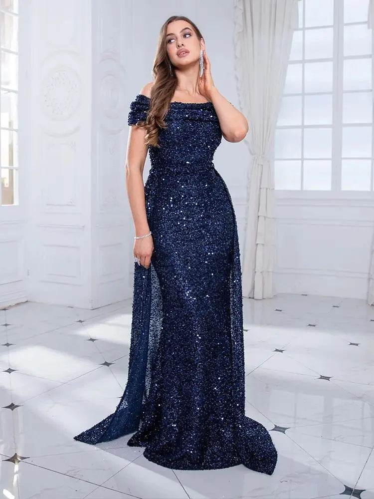 Romagic Navy Blue Mermaid Gown - Off Shoulder Sequin Dress 2025 - Buy Center UK