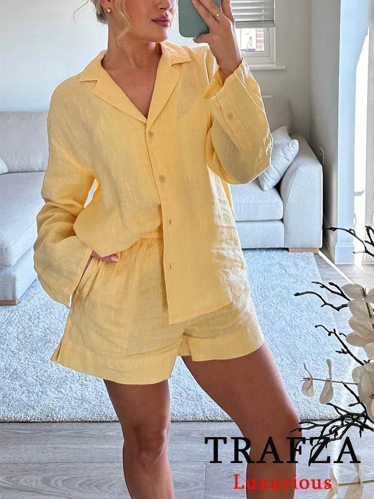 TRAFZA Casual Chic Women Yellow Suit - V-Neck Blouse & Shorts - Buy Center UK