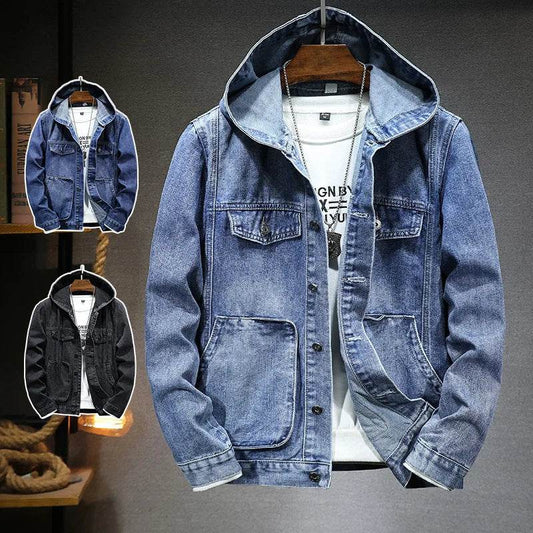 Buy Center Men’s Hooded Denim Jacket - Casual Spring Style, Pockets - Buy Center UK
