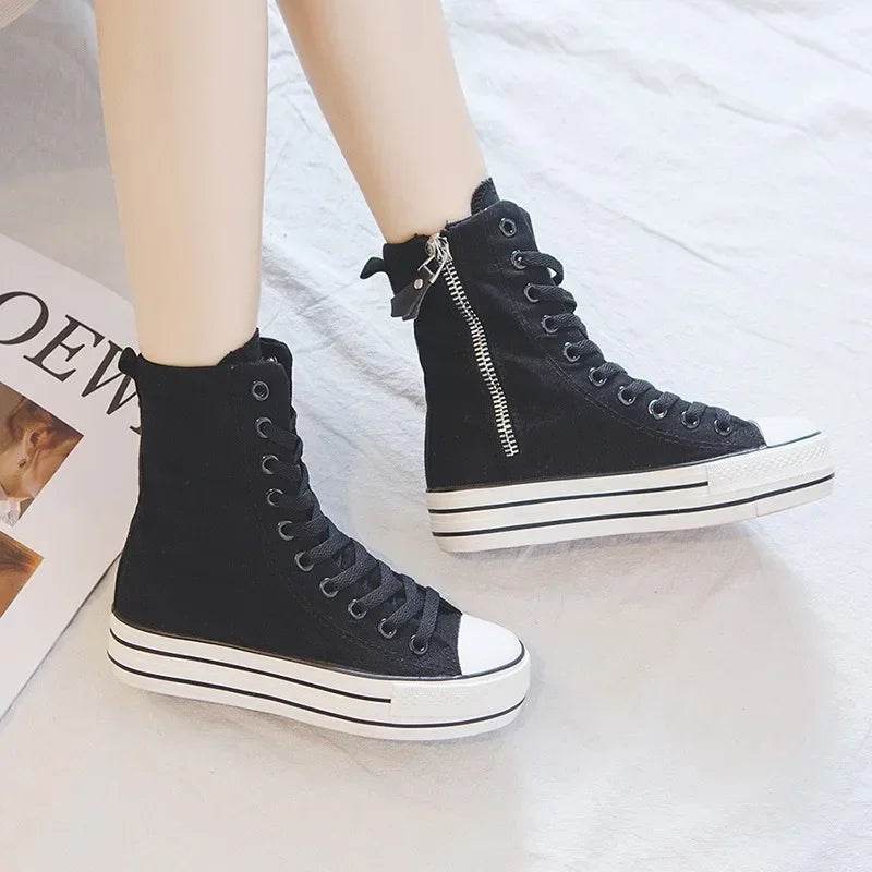 Women's High Top Canvas Sneakers - White Platform Lace Up Shoes - Buy Center UK