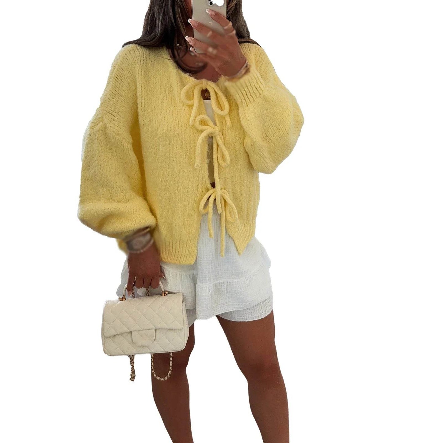 Buy Center Women's Lace-Up Cardigan - Stylish Hollow Out Knitwear - Buy Center UK