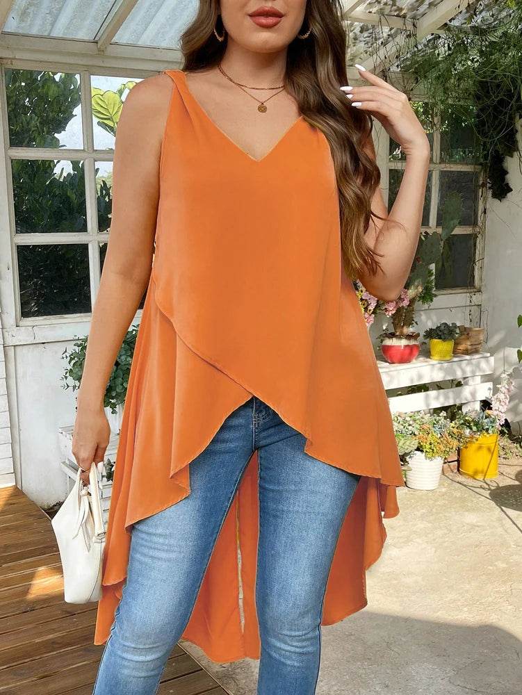 Buy Center Plus Size Women's Sleeveless Top - High Low Hem, V-Neck - Buy Center UK