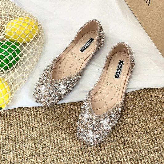 UETEEY Glitter Pearl Studs Ballet Flats - Cozy Slip-On Loafers - Buy Center UK