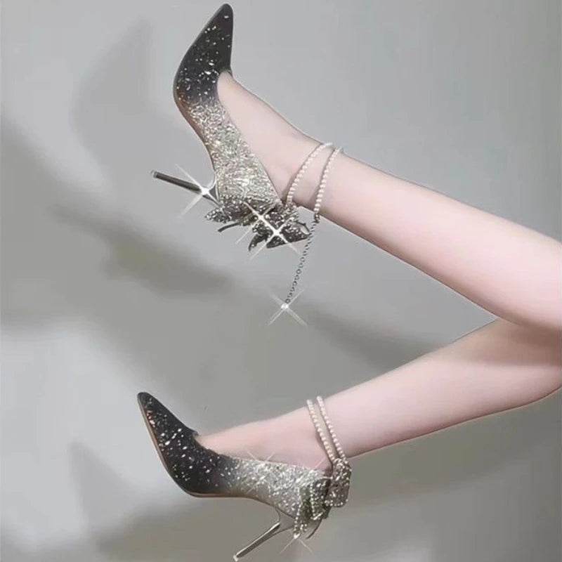Buy Center Shiny Bowknot Thin Heels - Glamorous Crystal Pumps - Buy Center UK