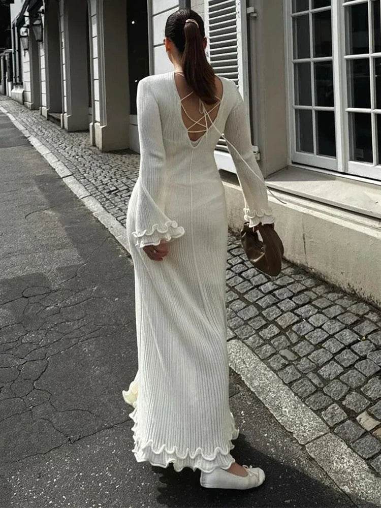 Buy Center Solid Knitted Long Dress - Slim Fit O-neck, Pleated Style - Buy Center UK