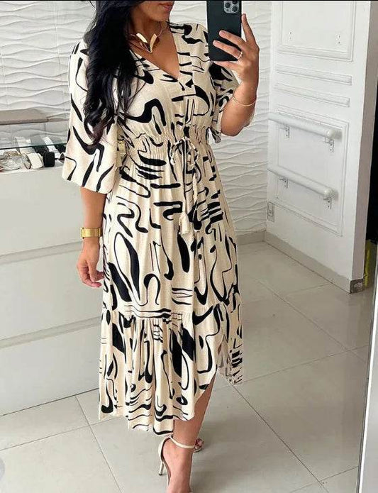 Buy Center Bohemian Midi Dress - V-Neck, Half Sleeve, A-Line Fit - Buy Center UK