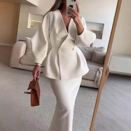 Elegant Blazer Coat Skirt Set - Slim V-Neck, Lantern Sleeve Chic - Buy Center UK