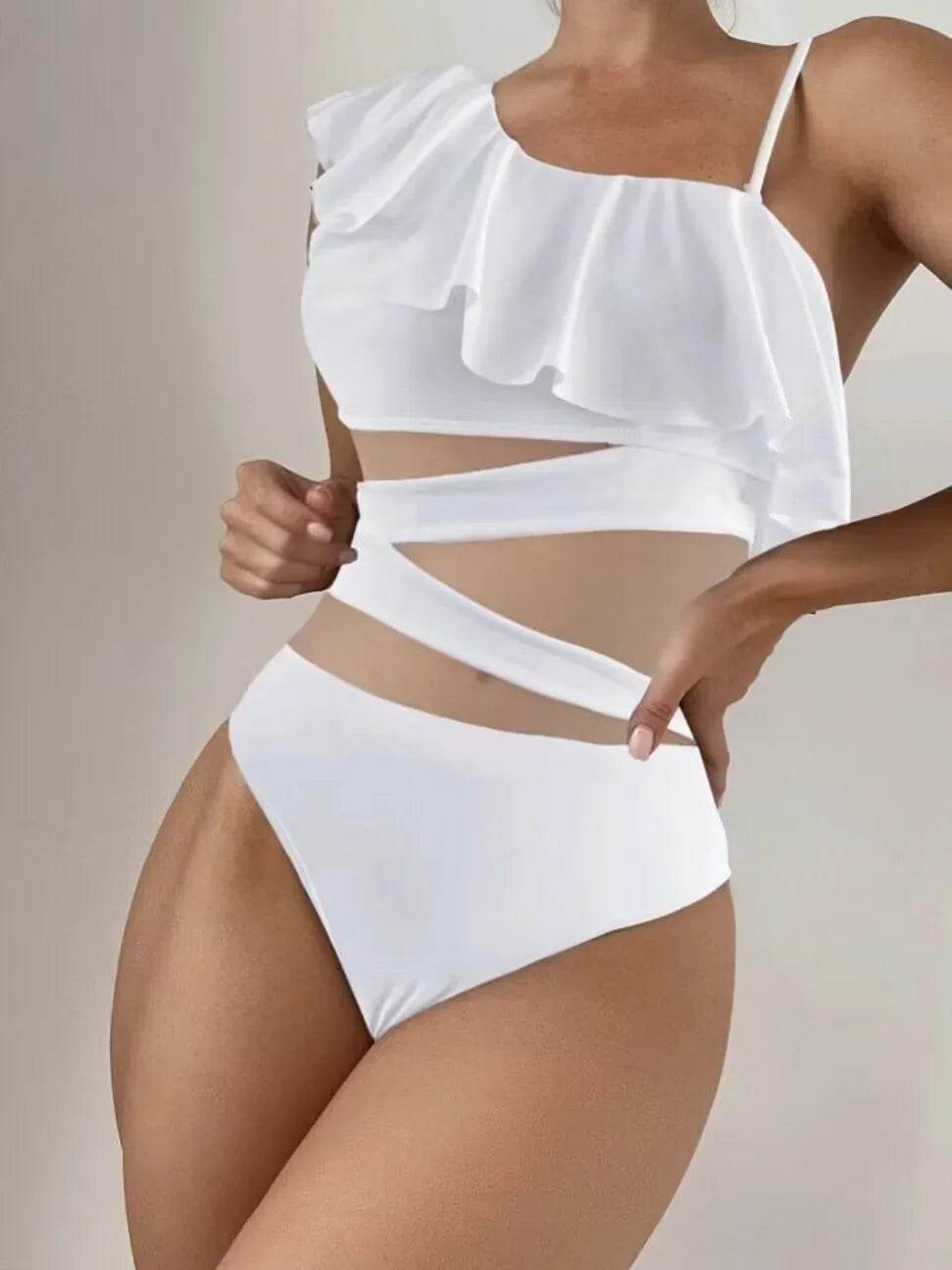Ruffle Contrast Mesh One-Piece Swimsuit - Trendy Women’s Swimwear - Buy Center UK