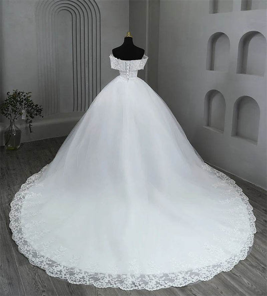 Elegant Plus Size White Wedding Dress - Off The Shoulder, Appliques - Buy Center UK