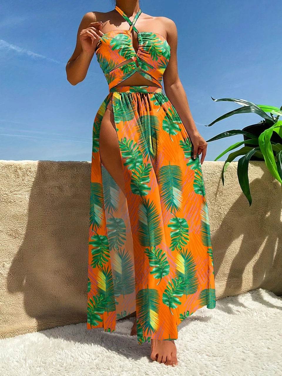 Buy Center 3 Pieces Tie Dye Bikini Set - Sexy Halter & Cover-Up Pants - Buy Center UK