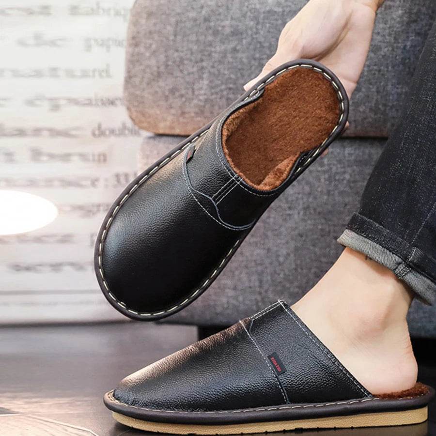 Buy Center Men's Winter Leather Slippers - Anti-Slip, Comfortable Design - Buy Center UK