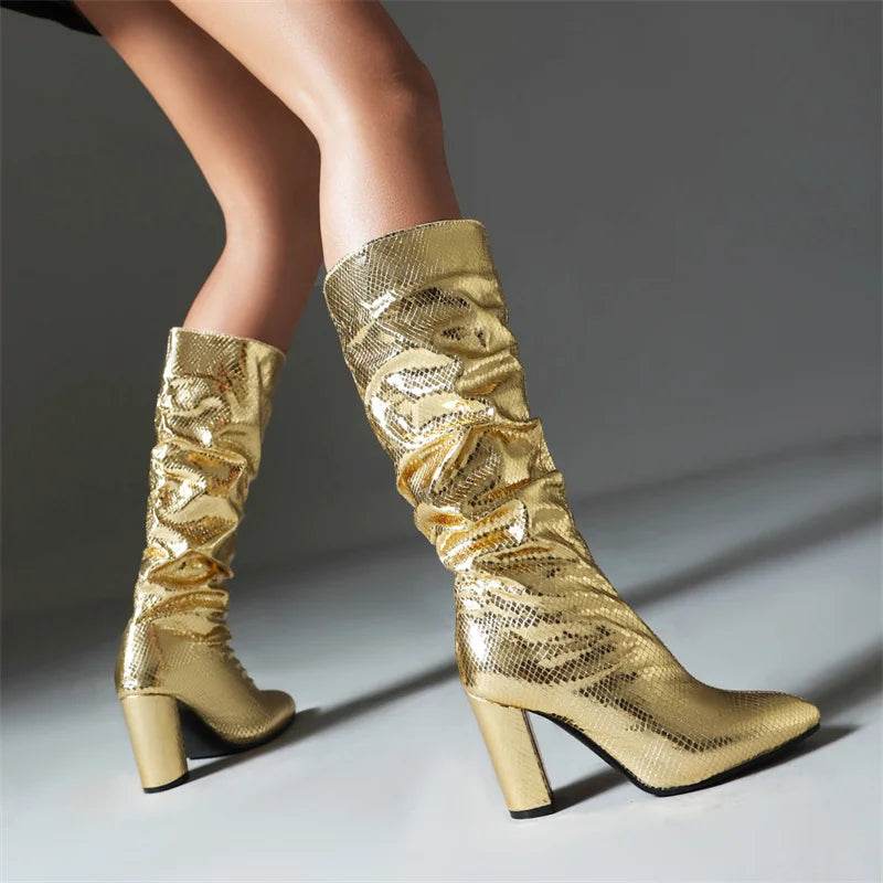 Luxury Knee High Boots for Women - Sexy High Heels in Gold & Silver - Buy Center UK