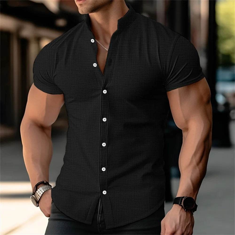 Buy Center Men's Linen Shirt - Stand Up Collar, Short Sleeves, Summer - Buy Center UK