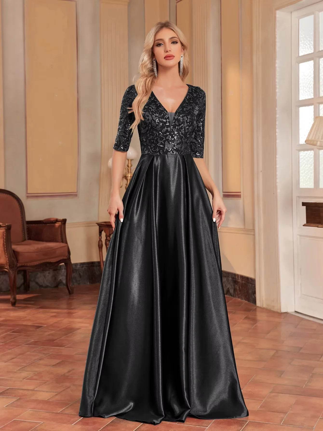 Luxury Green Satin V-Neck Evening Dress with Sequins for Women - Buy Center UK