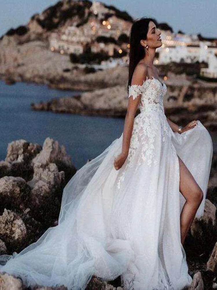 Buy Center Off-Shoulder Lace Wedding Dress - Vintage Appliques & Side Split - Buy Center UK