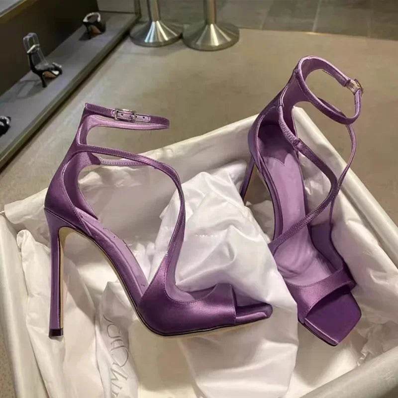 Elegant Purple High Heels - Luxury Satin Cross Strap Design - Buy Center UK