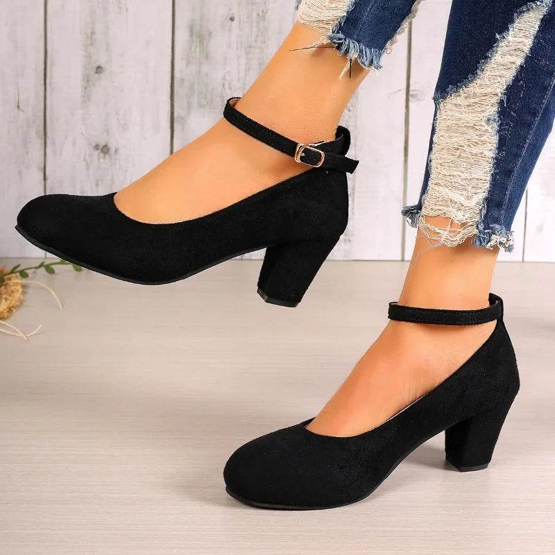 Buy Center Women's Black Suede Pumps - Buckle, Thick Heels, Casual Style - Buy Center UK