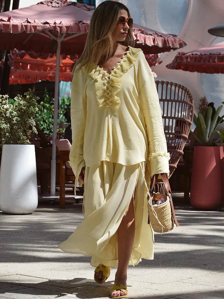 Buy Center Yellow Ruffled Lace-Up Shirt - Lightweight V Neck Blouse - Buy Center UK