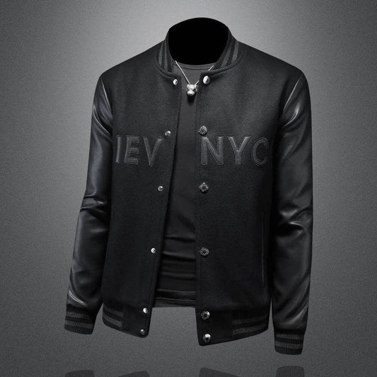 Buy Center Slim Fit Baseball Jacket - Stand Up Collar, Fabric Splicing - Buy Center UK