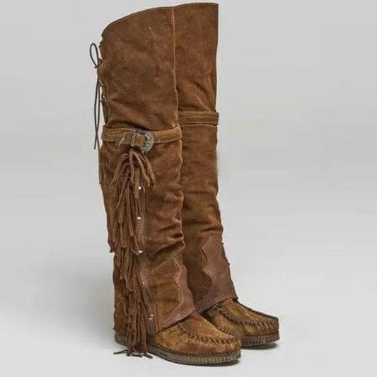 Buy Center Bohemian Knee-Length Boots - Faux Suede with Fringes - Buy Center UK
