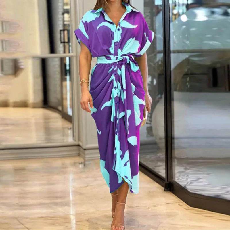 Buy Center Bohemia Shirt Print Dress - Loose Fit, Turn-Down Collar - Buy Center UK