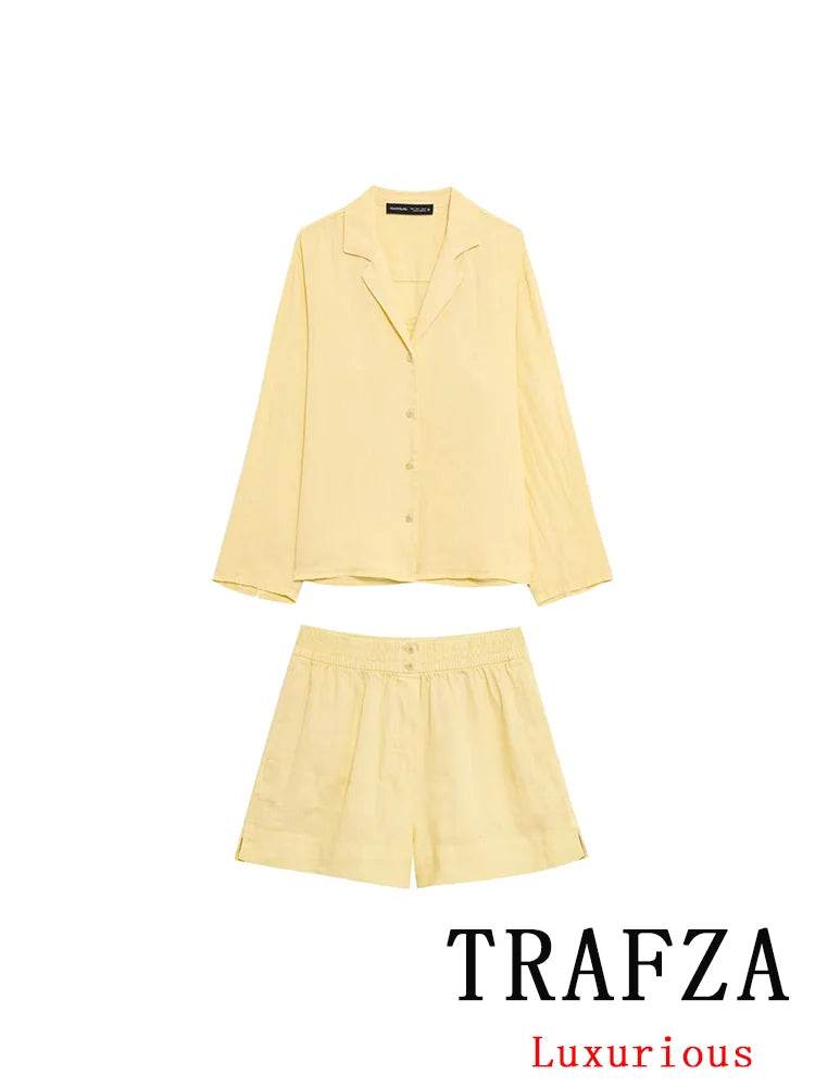 TRAFZA Casual Chic Women Yellow Suit - V-Neck Blouse & Shorts - Buy Center UK
