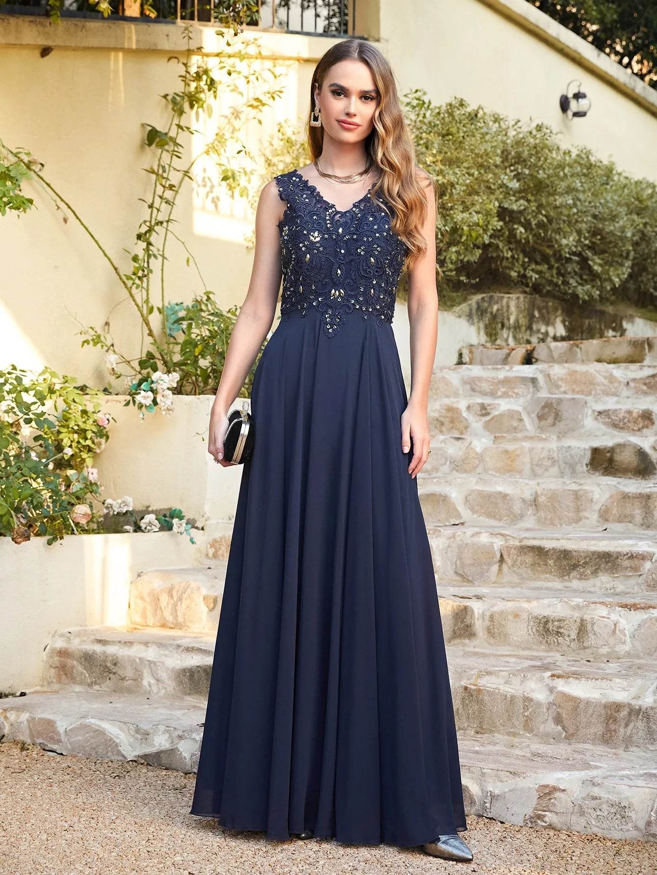 Elegant Navy Blue Chiffon Beaded Evening Dress - V-Neck Sleeveless Gown - Buy Center UK