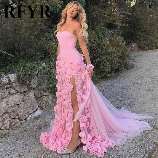 RFYR Pink Mermaid Prom Dress - 3D Flower Design, Side Slit Gown - Buy Center UK