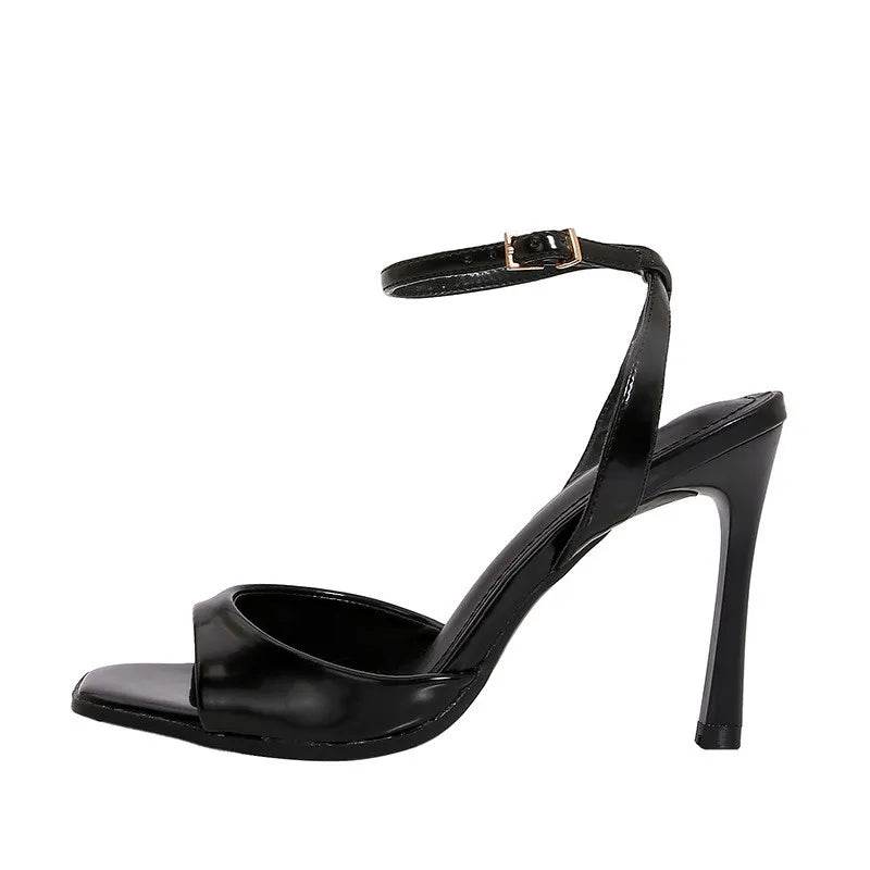 Elegant Black Patent Leather Heeled Sandals - Ankle Strap Design - Buy Center UK