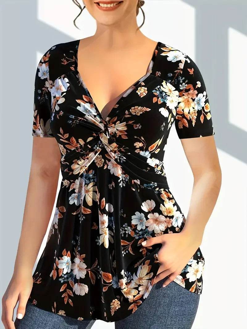 Buy Center Plus Size Floral Print Twist Front T-shirt - Elegant V Neck - Buy Center UK
