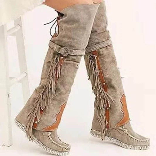Buy Center Bohemian Knee-Length Boots - Faux Suede with Fringes - Buy Center UK