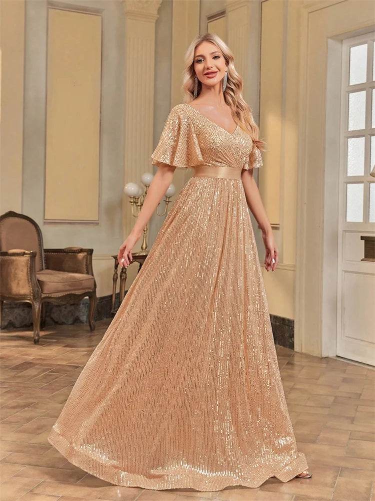 Luxury V Neck Evening Dress 2024 - Sequin A-Line Gown for Women - Buy Center UK