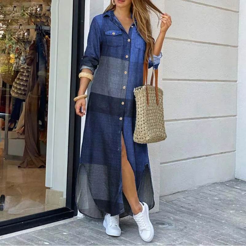 Buy Center Long Sleeve Plaid Maxi Dress - Elegant Beach & Party Wear - Buy Center UK