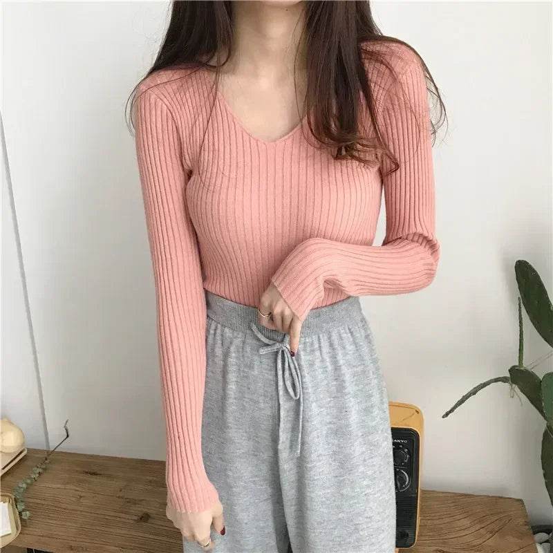 Buy Center Women’s V-Neck Solid Sweater - Slim Fit, Long Sleeves - Buy Center UK
