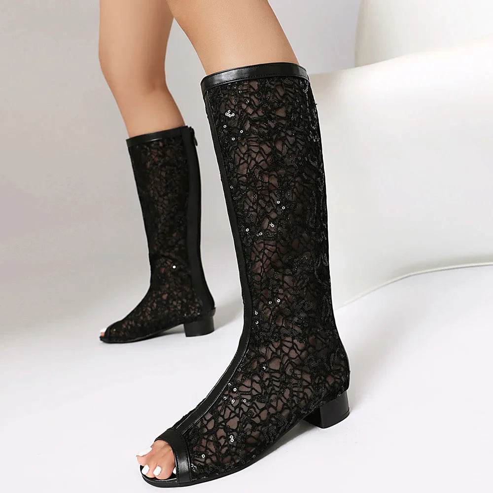Women's Peep Toe Knee High Boots - Plus Size 45, Chunky Heels - Buy Center UK