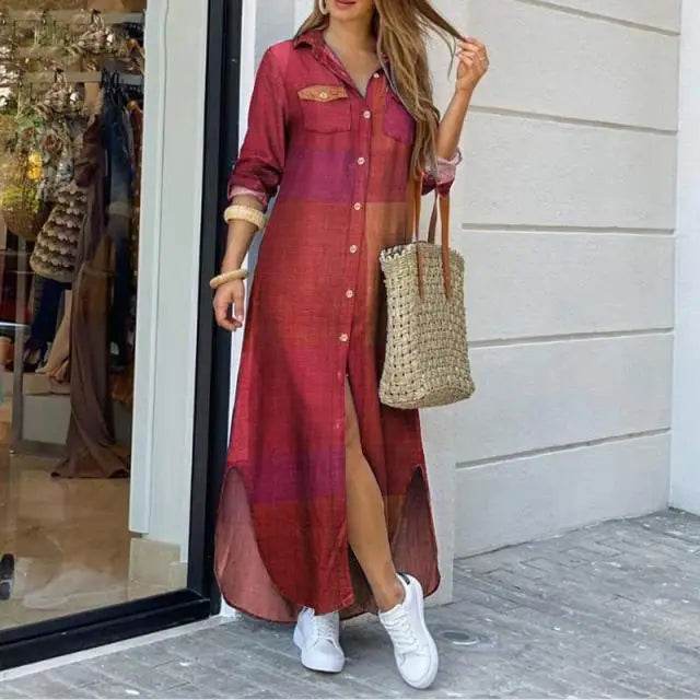 Buy Center Long Sleeve Plaid Maxi Dress - Elegant Beach & Party Wear - Buy Center UK