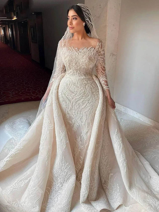Customized Long Sleeve Wedding Gown - Mermaid & Beaded Elegance - Buy Center UK