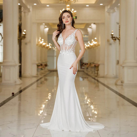 MisShow Elegant White Mermaid Wedding Dress - Backless V Neck Gown - Buy Center UK