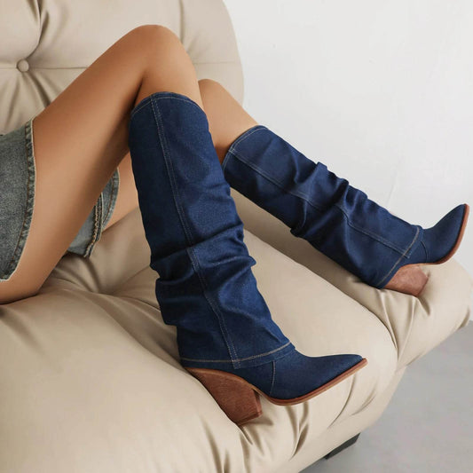 Buy Center Denim Knee High Boots - Super High Spike Heel Fashion - Buy Center UK