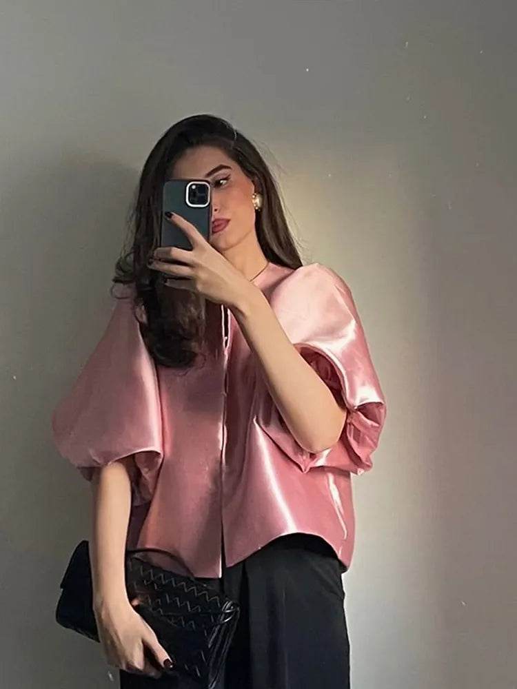 Buy Center Women's Solid Satin Blouse - Pouf Balloon Sleeves, Loose Fit - Buy Center UK