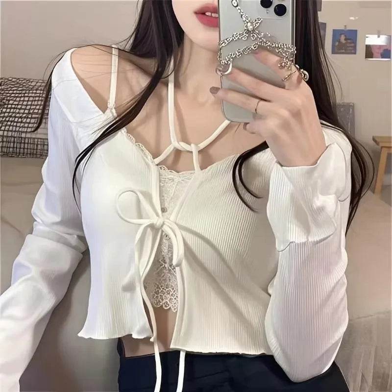 Buy Center White Knitted Cardigan - Flare Sleeves & Lace-Up Style - Buy Center UK