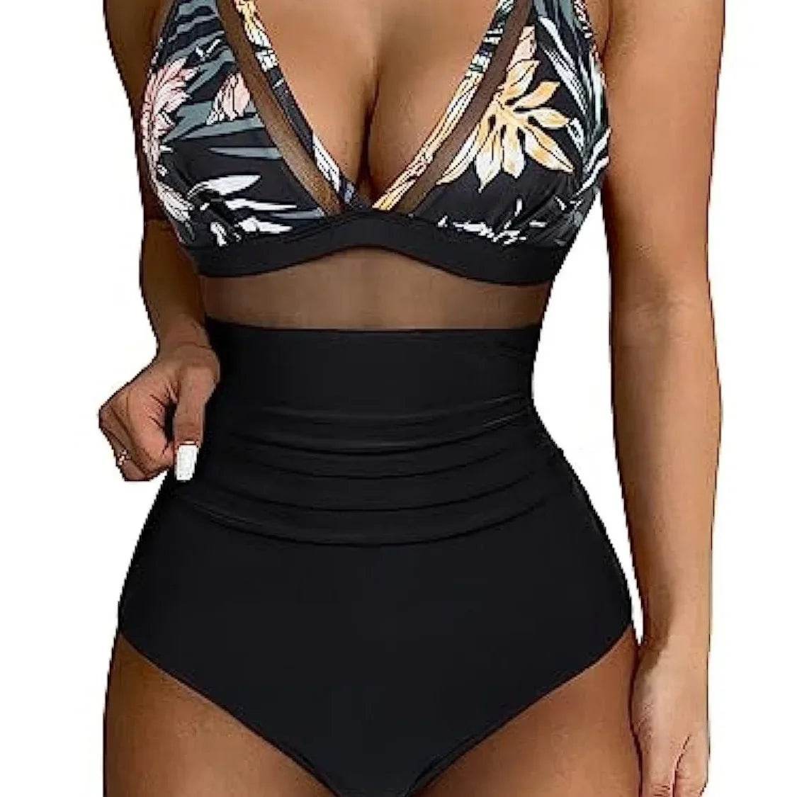 Buy Center Solid One-Piece Swimsuit - Deep V-Neck, Removable Bra - Buy Center UK