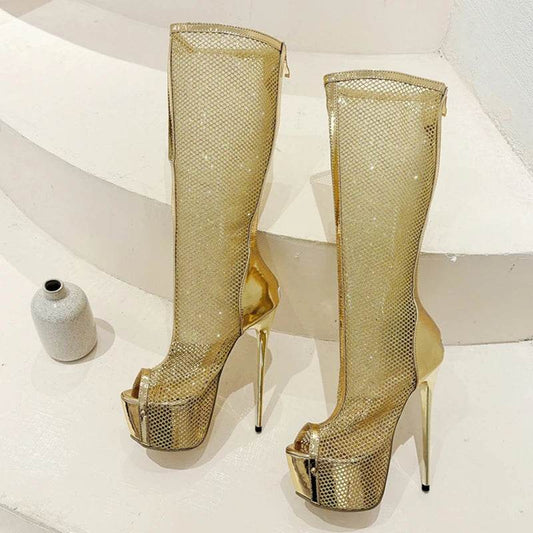 Liyke Sexy Peep Toe Knee High Boots - Gold Stripper Platform Heels - Buy Center UK
