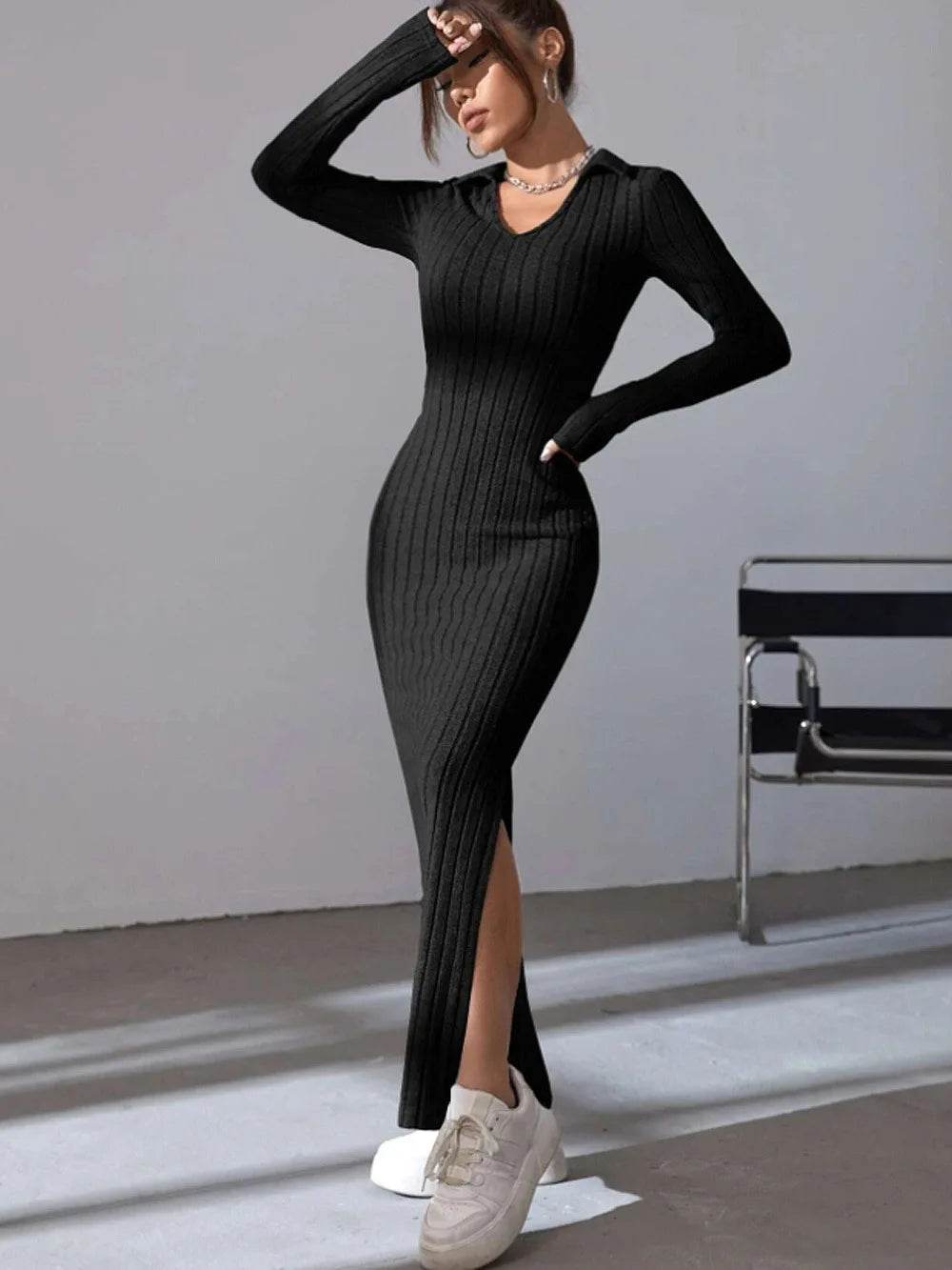 Spring 2024 Knitted Slim Lapel Dress - Long Sleeve, Elegant Fit - Buy Center UK