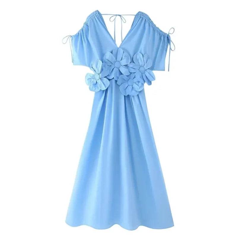 Buy Center Blue V-Neck Waist-Fitted Long Dress - Elegant & Stylish - Buy Center UK