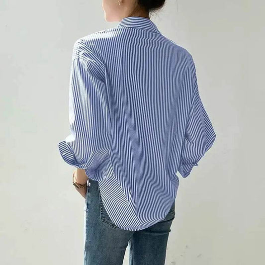 Buy Center Women’s Long Sleeve Blouse - Stylish Blue Stripes Top - Buy Center UK
