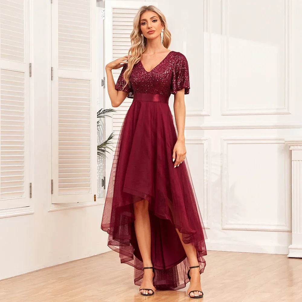 Elegant V-neck Ruffle A-line Evening Dress - Fluffy Gauze Style - Buy Center UK