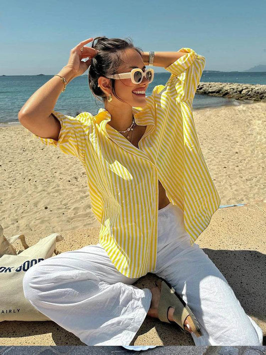 Elegant Yellow Striped Women's Casual Loose Shirt - Summer Style - Buy Center UK